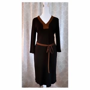 VTG Ralph Lauren V-Neck Cotton Stretch Black Dress / Faux Suede Trim / Medium